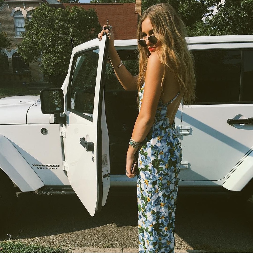 American Apparel Blue Floral Open-Back Jumpsuit